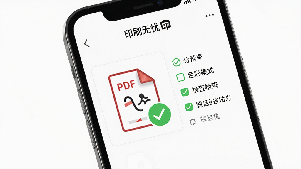 手机屏幕显示“印刷无忧”文件预检界面,界面中有一份PDF文件图标和绿色通过标识,旁边列出分辨率、色彩模式等检查项,背景为干净白色,风格清爽,画质高清干净无多余元素