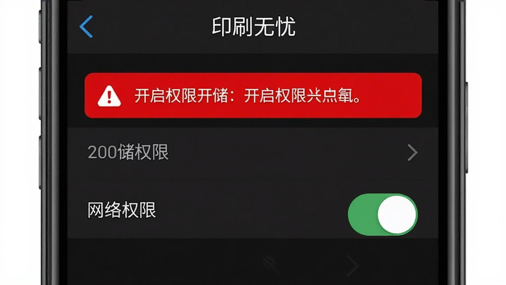 手机屏幕显示“印刷无忧”权限设置界面,界面中有存储权限、网络权限开关,旁边有红色警示标识提醒开启权限,背景为深色设置页面,风格清晰直观,画质高清干净无多余元素