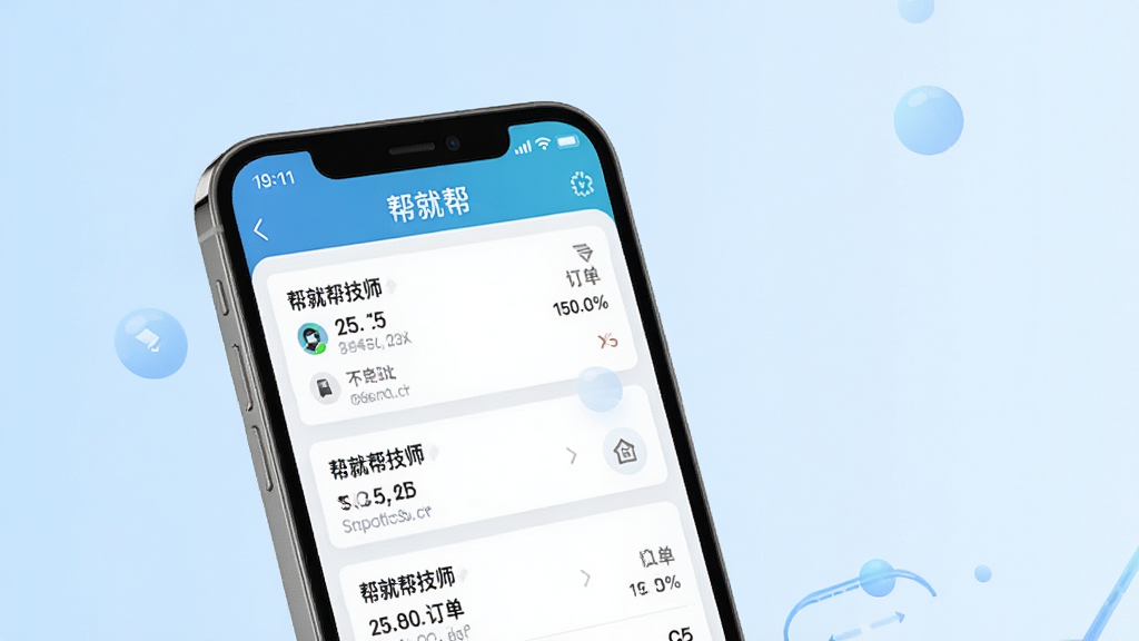 一张展示“帮就帮”软件界面的手机应用截图,画面中央是一部智能手机,屏幕上显示着帮就帮技师端的订单列表界面,背景为干净的浅蓝色渐变,风格简洁现代,细节清晰,画质高清,无多余元素