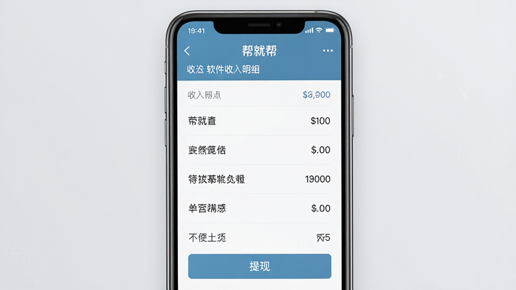 一张展示“帮就帮”软件收入明细页面的手机截图,画面中手机屏幕显示着清晰的收入列表和提现按钮,背景为柔和的浅灰色,风格简约商务,细节清晰,画质高清,无多余元素