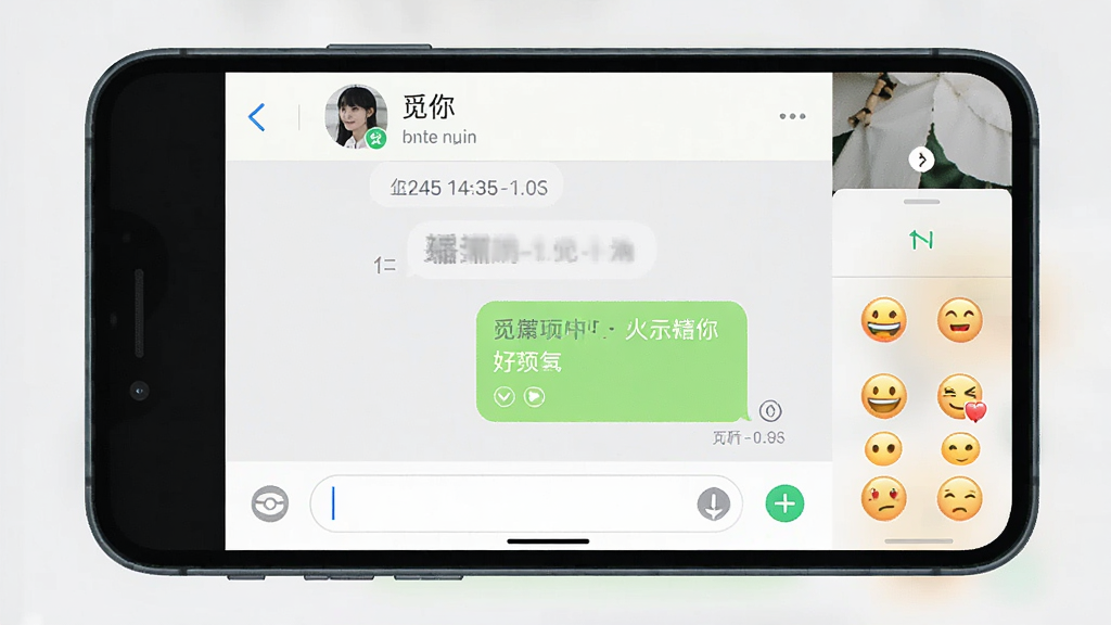 一张“觅你”聊天界面的手机截图,画面显示对话气泡、输入框和表情面板,顶部有对方头像和昵称,背景是浅灰色聊天背景,风格清新自然,细节包括时间戳和已读标记,画质高清,干净无多余元素