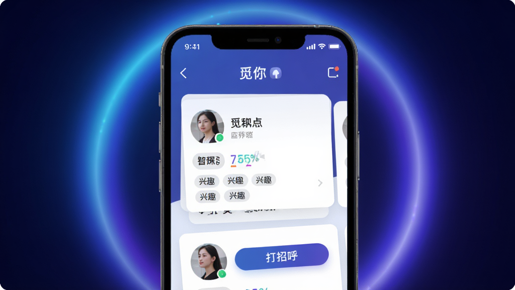 一张展示“觅你”智能匹配功能的界面图,画面中手机屏幕显示多个用户卡片,卡片上有头像、昵称和兴趣标签,背景是科技感蓝紫色光晕,风格现代简约,细节包括匹配度百分比和“打招呼”按钮,画质清晰,干净无多余元素