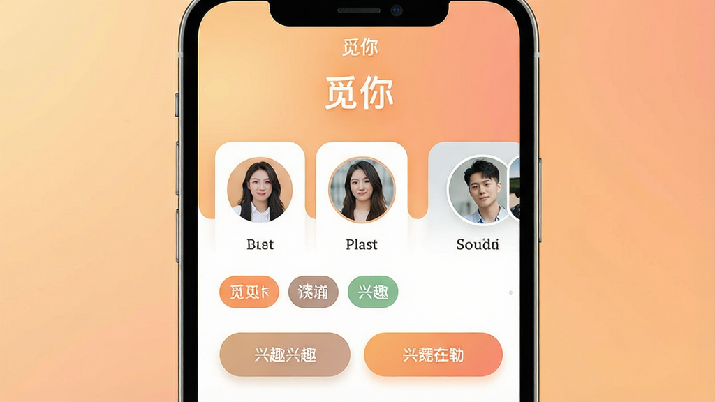一张手机屏幕展示社交应用界面的图片,画面中央是“觅你”应用的主页,顶部有“觅你”字样,下方排列着用户头像卡片和兴趣标签,背景是柔和的暖色调渐变,风格简洁现代,细节包括圆角图标和清晰的文字按钮,画质高清,干净无多余元素