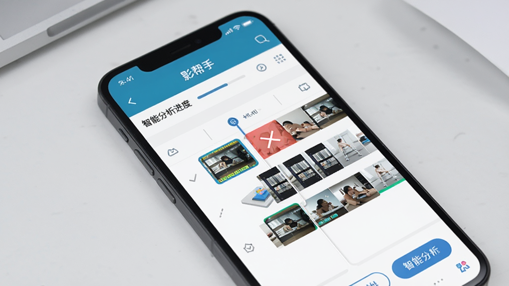 一部手机屏幕中展示「影帮手」的智能剪辑功能界面,画面中视频轨道被自动分割成多个片段,部分片段带有删除标记,界面配色清爽。背景为简洁的浅灰色工作台。风格为扁平化UI设计,细节包含智能分析进度条、片段缩略图、功能按钮。画质清晰,干净,无多余元素。