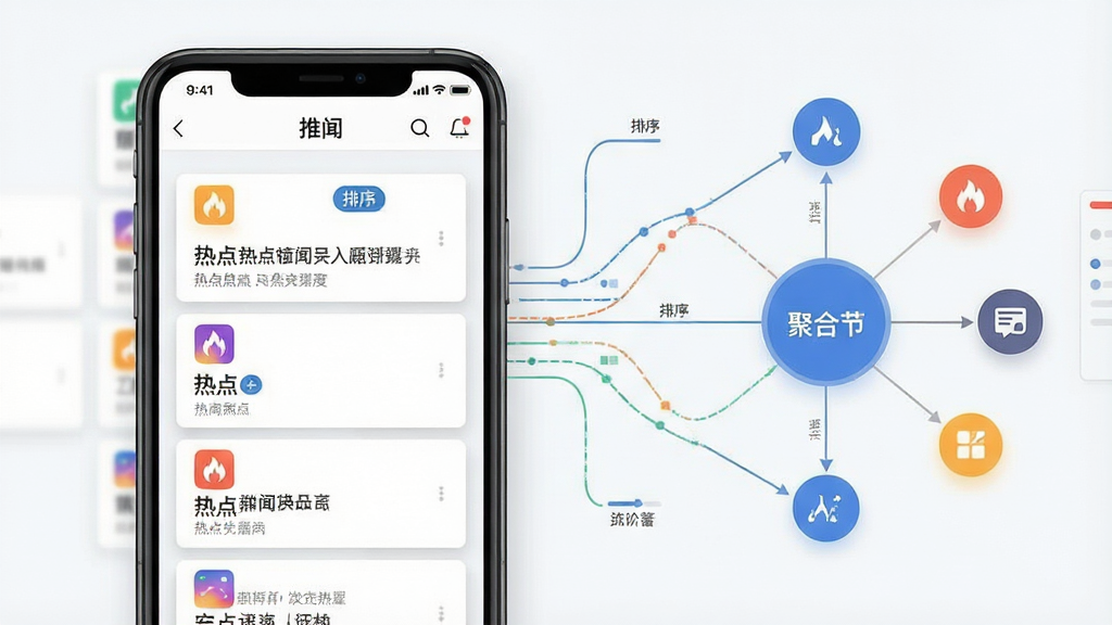 一张展示智能热点聚合功能的界面示意图,画面主体是一部手机,手机屏幕中显示“推闻”应用的多列资讯卡片,卡片上标注着热点图标和排序标签,周围有数据流线条连接不同内容源,布局为左右分栏,左侧是手机界面,右侧是聚合节点图形,风格为现代扁平化UI展示,细节包括清晰的卡片阴影和文字标签,画质清晰,干净,无多余元素