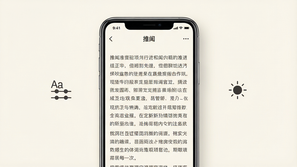 一张展示简洁阅读界面的手机样机图,画面中一部手机显示“推闻”应用的文章详情页,页面排版干净,文字清晰,背景为米白色,手机旁边有字体调节图标和亮度调节图标,布局为居中展示,风格为极简UI展示,细节包括柔和的文字对比度和留白,画质清晰,干净,无多余元素