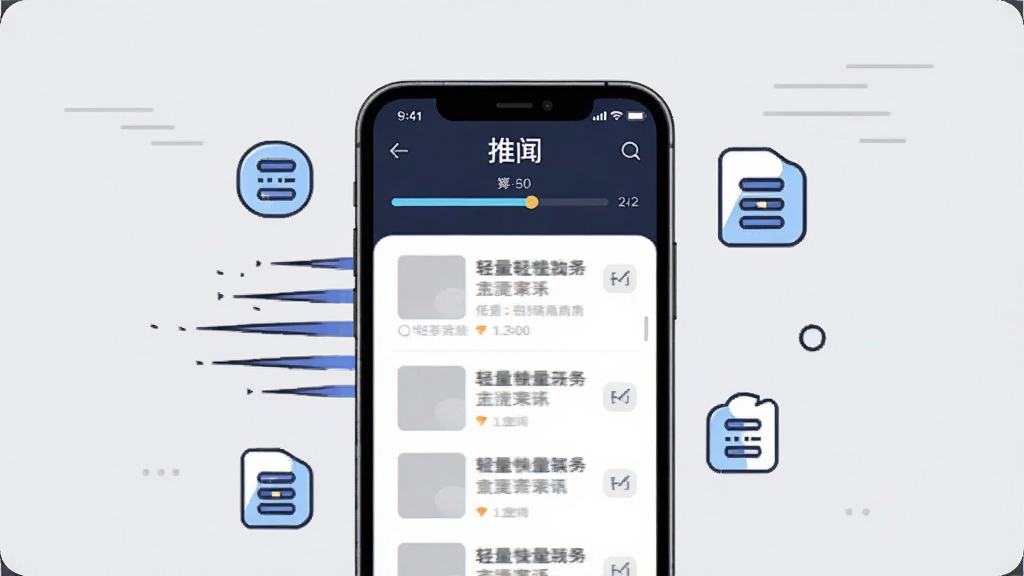 一张展示轻量快速加载特性的概念图,画面中央是一部手机,手机屏幕上显示“推闻”应用正在快速加载资讯列表,屏幕周围有速度线条和缓存图标,背景为浅灰色,布局为居中构图,风格为简约科技插画,细节包括加载进度条和轻量级图标,画质清晰,干净,无多余元素