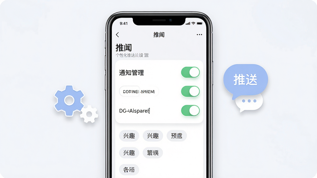 一张展示个性化推送设置的手机界面图,画面中一部手机显示“推闻”应用的通知管理页面,页面上有多个开关按钮和兴趣标签选项,手机旁边有齿轮图标和推送气泡,布局为居中展示,风格为清爽的移动端UI设计,细节包括圆角按钮和柔和阴影,画质清晰,干净,无多余元素