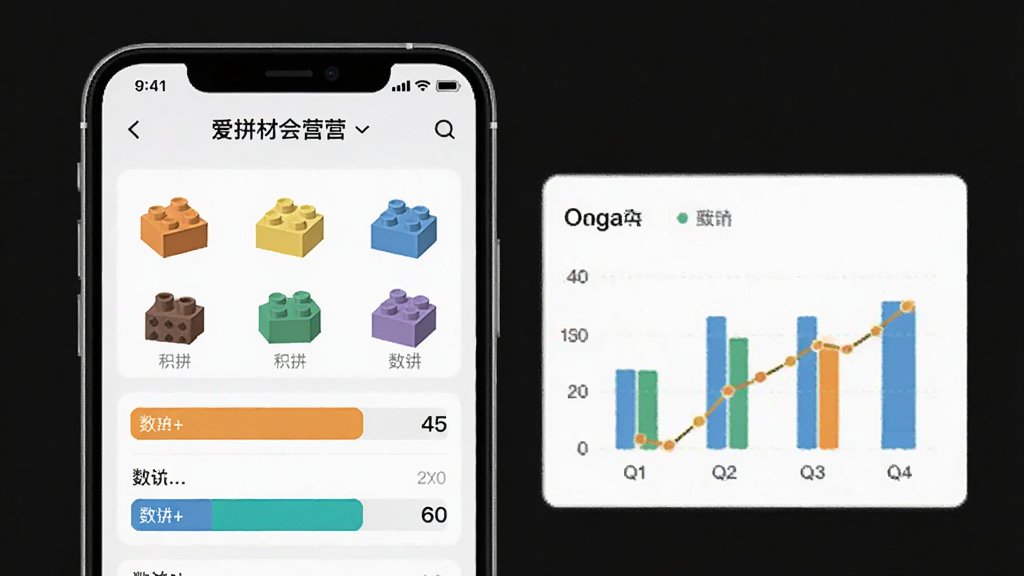 主体是一部手机展示着积木零件分类管理界面,布局采用左侧手机右侧数据图表,排版清晰,风格为扁平化设计,细节包括屏幕上显示“爱拼材会营”和彩色积木零件图标、数量统计条,画质高清,画面干净,无多余元素