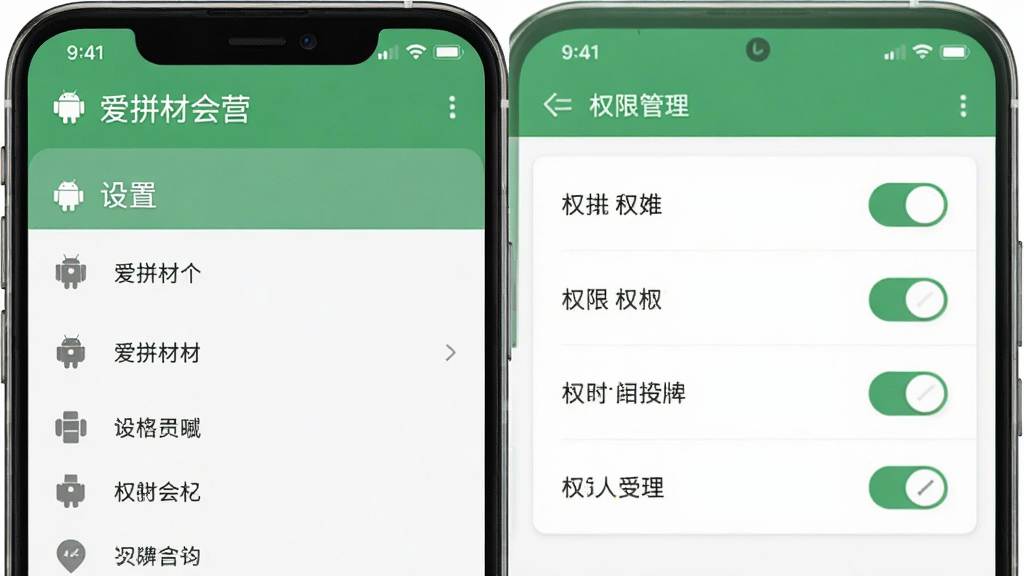 主体是手机屏幕展示爱拼材会营设置界面和权限管理页面,布局采用左右分栏,左侧为设置菜单,右侧为权限开关示意,排版工整,风格为扁平化UI风格,细节包括“爱拼材会营”标题和Android权限图标,画质高清,画面干净,无多余元素