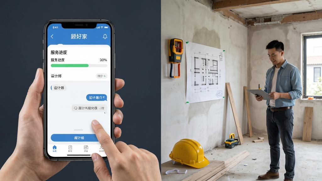 顾好家APP一站式家装服务场景图,画面主体是用户在手机上操作顾好家APP,屏幕显示服务进度条和设计师沟通界面。布局采用左右分栏,左侧是手机界面,右侧是装修现场和设计师工作场景。风格商务简洁,细节包含量房工具、设计草图、施工安全帽等元素。画质高清,干净,无多余元素。