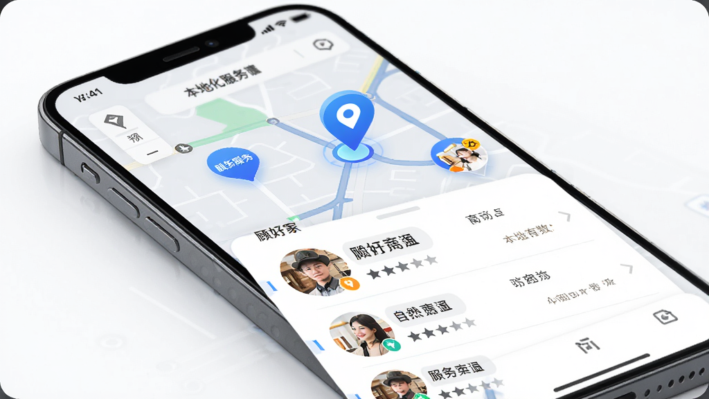 顾好家APP本地化服务对接示意图,画面主体是手机地图界面显示附近的服务商标记,地图下方弹出商家列表。布局采用上下结构,上方地图,下方列表。风格科技感十足,细节包含定位图标、评分星星、商家头像等元素。画质高清,干净,无多余元素。
