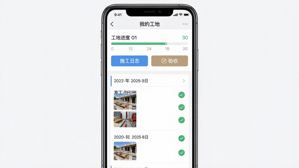 顾好家APP移动端操作界面截图,画面主体是手机屏幕显示“我的工地”页面,包含施工日志和验收按钮。布局采用上下结构,上方是工地进度条,下方是日志列表。风格简洁实用,细节包含日期、照片缩略图、对勾图标。画质高清,干净,无多余元素。