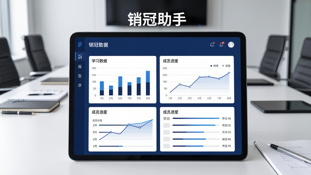 一张展示销冠助手团队管理后台的示意图,画面中一台平板电脑显示学习数据仪表盘,包含柱状图、折线图和成员进度列表,界面风格简约商务,配色以深蓝和白色为主,背景为整洁的会议室桌面,画质清晰锐利,图中平板屏幕上方标注“销冠助手”文字
