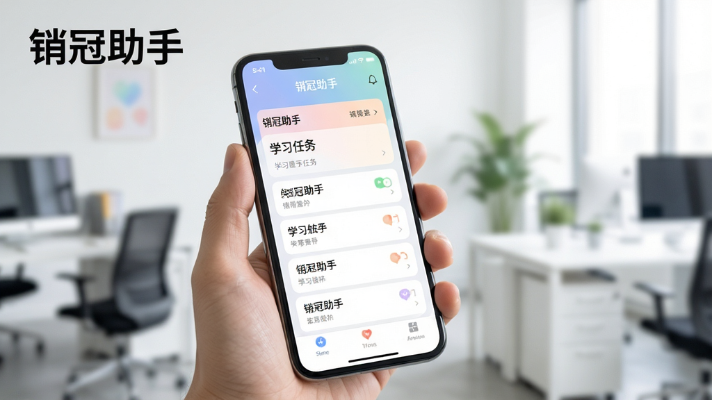 一张展示销冠助手在手机上流畅运行的场景图,画面中一只手握着手机,屏幕显示销冠助手的学习任务列表页面,界面清晰、色彩柔和,背景为明亮的办公室环境,画质细腻干净,图中手机屏幕上方标注“销冠助手”文字