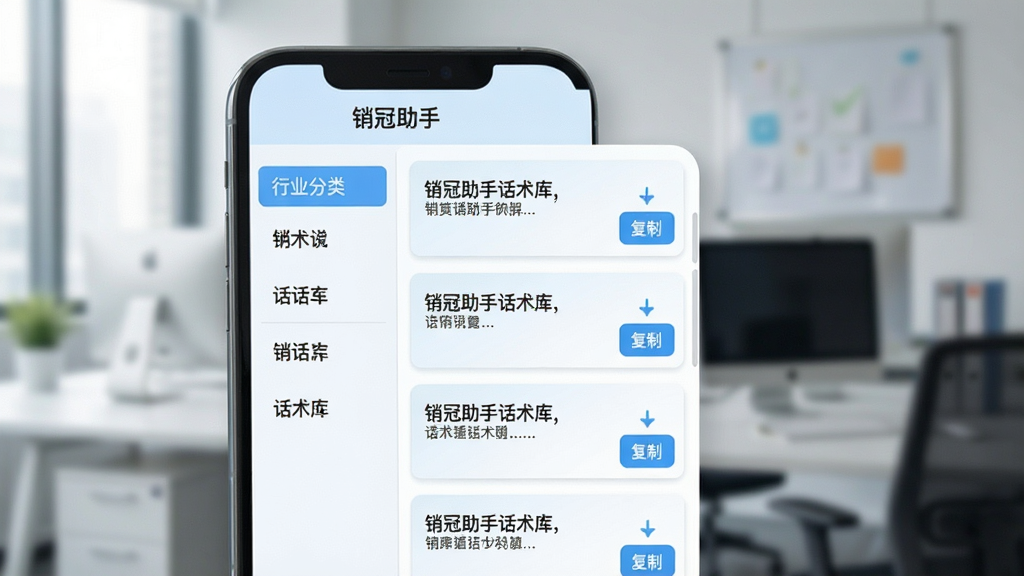 一张展示销冠助手话术库功能的界面截图风格图片,画面中一部手机屏幕显示分类清晰的话术列表,左侧为行业分类导航栏,右侧为具体话术内容卡片,每张卡片带有复制按钮,整体采用清爽的浅蓝色调,背景为虚化的办公场景,画质干净整洁,图中手机屏幕顶部标注“销冠助手”文字