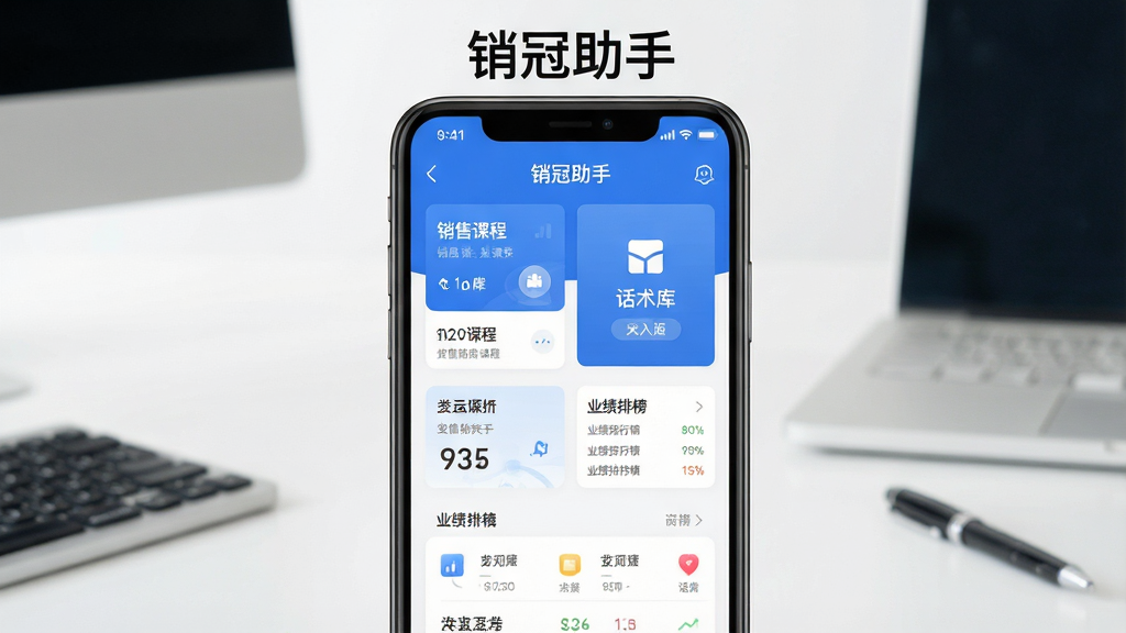 一张展示销冠助手手机应用主界面的预览图,画面中央是一部现代智能手机,屏幕显示销冠助手应用界面,界面布局包含销售课程卡片、话术库入口、业绩排行榜等模块,整体采用蓝色与白色为主的商务科技风格,背景为简洁的办公桌面环境,细节清晰,画质干净明亮,无多余元素,图中手机屏幕上方标注“销冠助手”字样