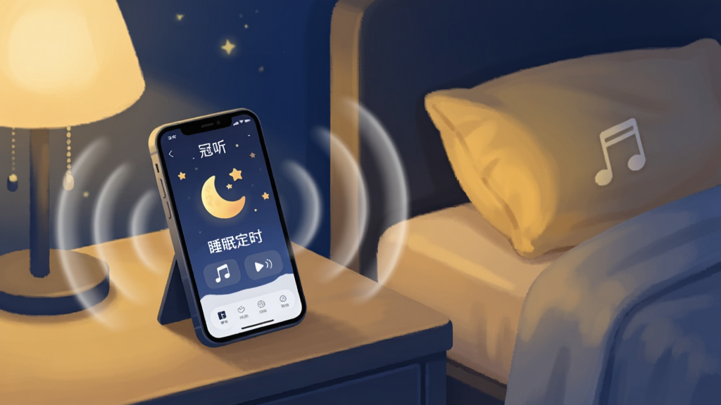 一张表现“冠听”软件睡眠定时与后台播放功能的场景图。画面中是一个夜晚的卧室,床头柜上放着手机,手机屏幕显示“冠听”的睡眠定时界面,有月亮和星星的图标。手机周围有柔和的声波缓缓扩散,表示音乐正在后台播放。整体风格为温馨宁静的插画风,色彩以深蓝色和暖黄色为主,画质柔和,干净无多余元素。