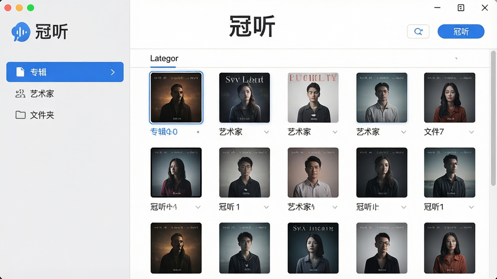 一张展示“冠听”软件智能本地管理功能的界面截图风格图片。画面中是一个整洁的列表界面,左侧是分类菜单(专辑、艺术家、文件夹),右侧是带有专辑封面的歌曲列表。界面顶部有“冠听”的Logo。整体风格为现代简约的UI设计,色彩以白色和浅灰色为主,辅以蓝色高亮选中状态,画质清晰,排版整齐,干净无多余元素。