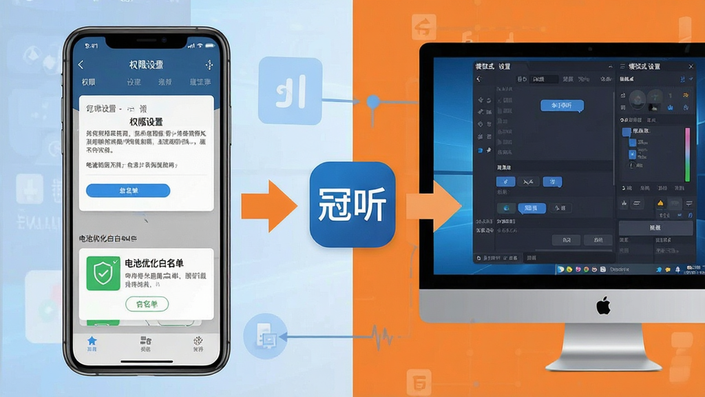 一张展示“冠听”软件在新手使用过程中常见问题解决步骤的流程图。画面分为左右两部分,左侧是手机界面,显示权限设置和电池优化白名单;右侧是电脑界面,显示模拟器设置。中间用箭头连接,并标注“冠听”Logo。整体风格为扁平化信息图,色彩以蓝色和橙色为主,画质清晰,干净无多余元素。