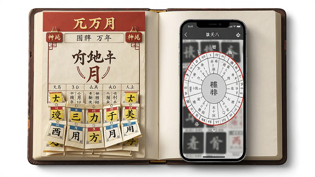 一幅AI生图,画面主体是一本展开的中国传统万年历与一部智能手机并排摆放,手机屏幕显示诠天八字的排盘界面,布局左右对称,风格写实,细节丰富,画质清晰,干净无多余元素