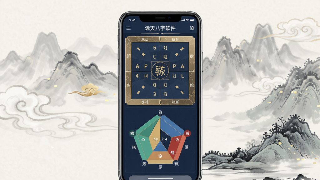 一张展示诠天八字软件界面的手机渲染图,画面中央是一部现代智能手机,屏幕内显示八字排盘结果与五行分布图表,背景为淡雅的中国风水墨纹理,配色以深蓝与金色为主,风格沉稳专业,细节清晰,画质干净,无多余元素