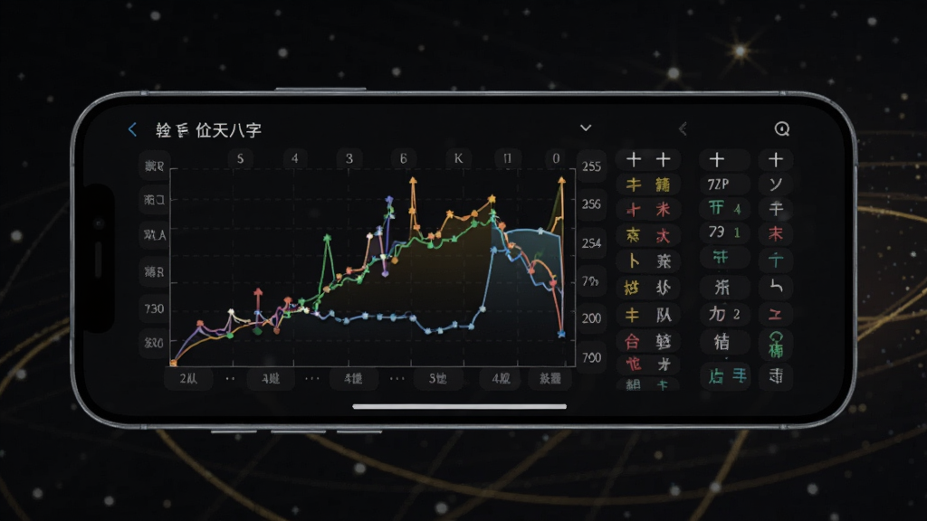一幅AI生图,画面展示一部手机横屏放置,屏幕内显示诠天八字的大运流年曲线图与十神列表,背景为深色星空与金色线条,布局简洁,风格现代,细节清晰,画质高,干净无多余元素