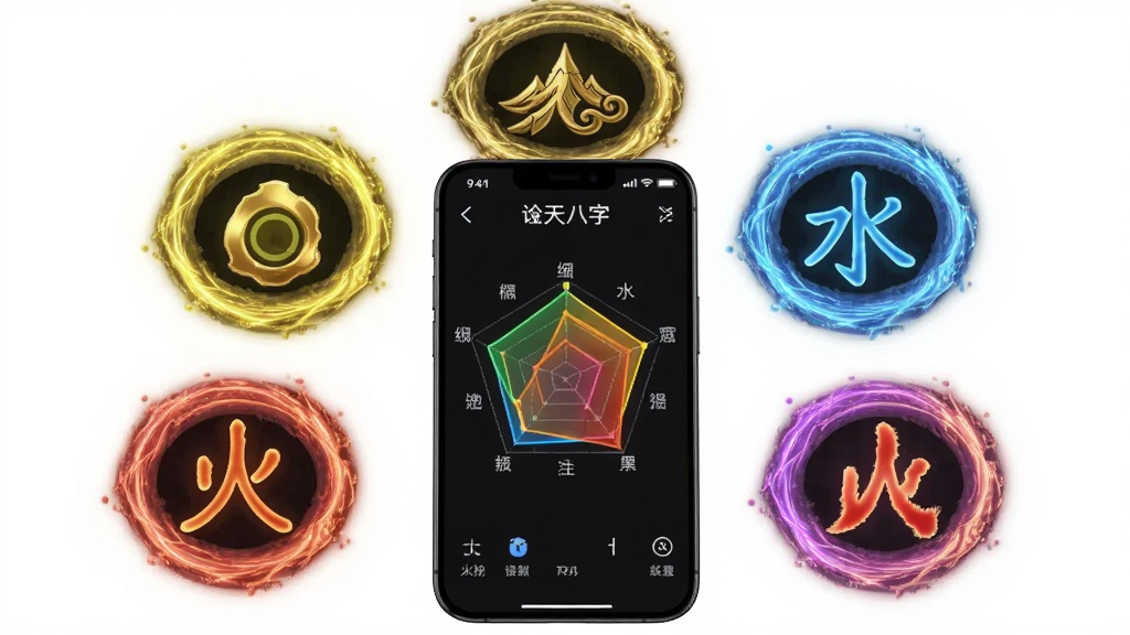 一张AI生成的图表化场景图,画面中悬浮着金木水火土五行元素的彩色能量环,中央放置一部手机,手机屏幕显示诠天八字的五行分析雷达图,风格科技感与传统元素结合,排版居中,画质干净,无多余元素