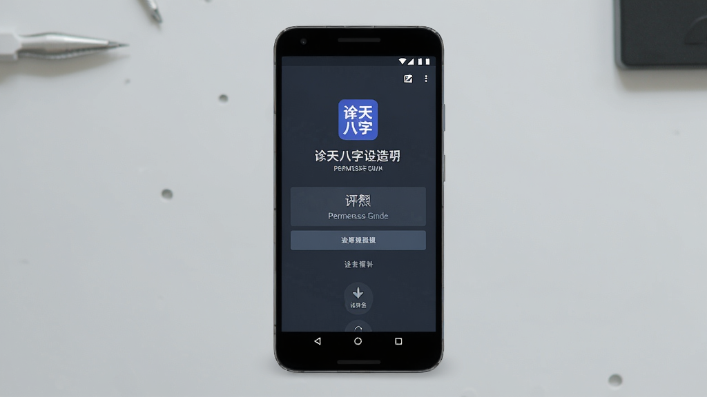 一张AI生成的手机操作示意图,画面展示一部安卓手机屏幕,屏幕上显示诠天八字的权限设置引导页面,背景为简洁的浅灰色工作台,布局清晰,风格扁平化,细节明确,画质干净,无多余元素