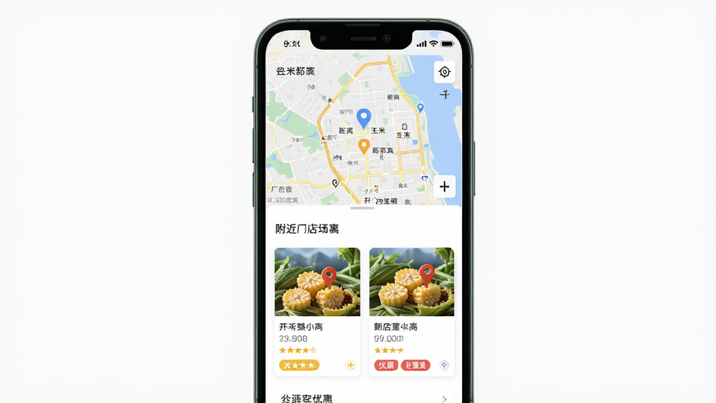 开心玉米数字化连锁服务场景图,主体为手机屏幕显示附近门店列表与地图定位,布局为上下结构,上方为地图,下方为门店卡片,排版简洁,风格商务清新,细节上包含门店名称、距离、评分与优惠标签,画质高清,干净,无多余元素