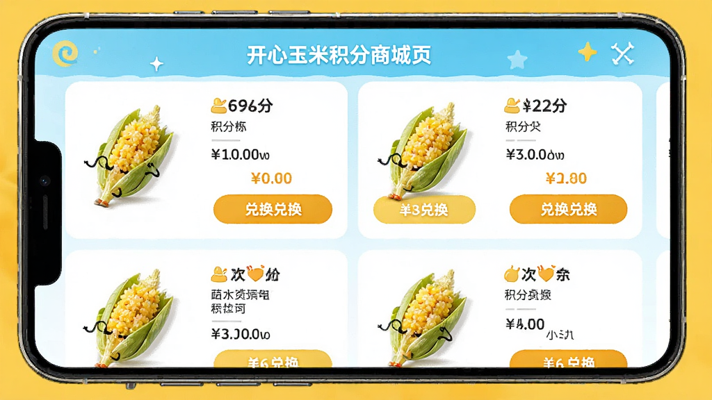 开心玉米积分商城页面,主体为手机屏幕展示积分商品网格排列,布局为两列商品卡片,排版整齐,风格活泼明快,细节上包含积分价格、兑换按钮与商品缩略图,画质高清,干净,无多余元素