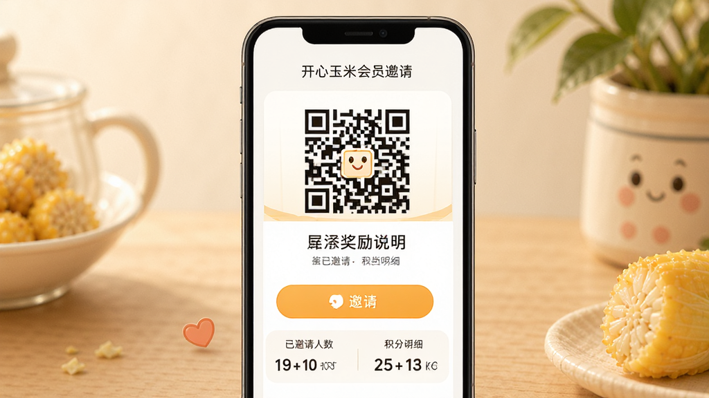 开心玉米会员邀请界面展示,主体为手机屏幕显示邀请二维码与奖励说明,布局居中,排版大方,风格温暖亲切,细节上包含邀请按钮、已邀请人数与积分明细,画质高清,干净,无多余元素