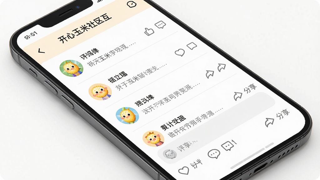开心玉米社区互动界面,主体为手机屏幕显示用户动态列表与评论区域,布局为单列信息流,排版清晰,风格轻松友好,细节上包含点赞、评论与分享图标,画质高清,干净,无多余元素