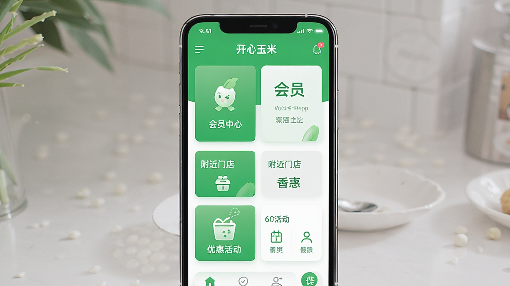 开心玉米软件主界面展示,主体为一部智能手机竖屏放置,屏幕中显示开心玉米APP首页,包含会员中心、附近门店、优惠活动等功能模块,布局清晰,排版整洁,风格现代简约,细节上突出绿色与白色主色调,画质高清,干净,无多余元素