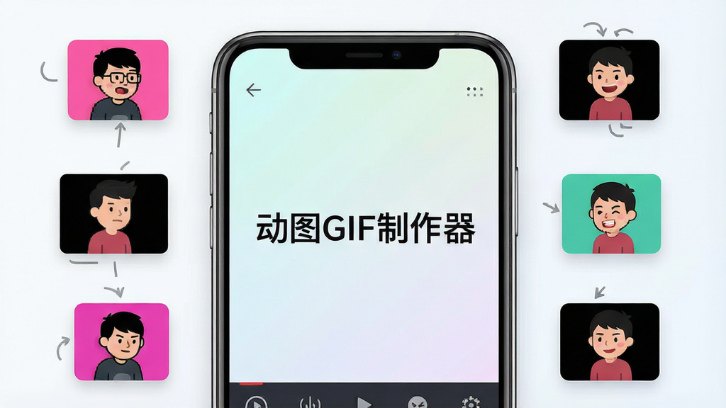 一张展示动图GIF制作器软件界面的图片,画面中央是手机屏幕,屏幕内显示软件主界面,界面上有“动图GIF制作器”字样,背景是简洁的浅色渐变,屏幕周围环绕着几个生动的GIF动图小图标,整体风格为现代扁平化设计,细节清晰,画质干净,无多余元素。