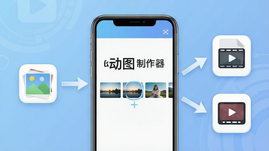 一张展示动图GIF制作器素材导入功能的图片,画面左侧是手机相册图标,右侧是视频文件和录屏图标,三个图标通过箭头汇聚到中间的手机屏幕,屏幕内显示“动图GIF制作器”文字和正在加载的图片序列,背景为柔和的科技蓝,风格简洁明了,画质清晰,无多余元素。
