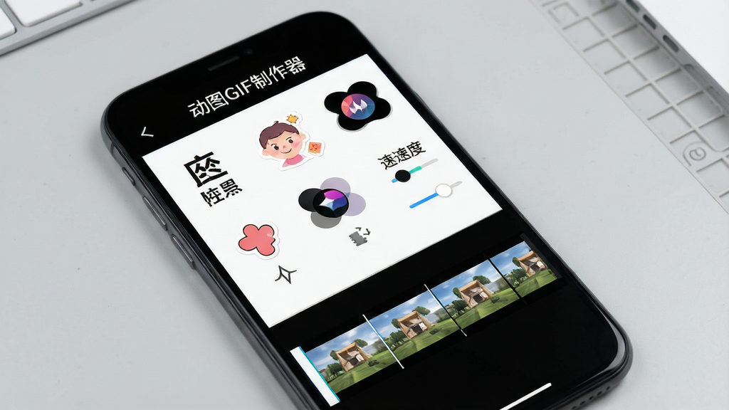 一张展示动图GIF制作器编辑功能的图片,画面中手机屏幕显示编辑界面,屏幕上有“动图GIF制作器”字样,界面内分布着文字、贴纸、滤镜、速度调节等工具图标,下方是动图帧序列预览条,背景为浅灰色工作台,风格专业且直观,画质干净,无多余元素。