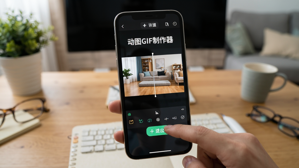 一张展示动图GIF制作器在手机上运行操作的图片,画面中手机屏幕显示软件编辑界面,屏幕上有“动图GIF制作器”文字,用户手指正在点击屏幕上的导出按钮,背景是居家环境的桌面,风格生活化,画质清晰,无多余元素。