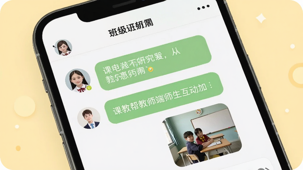 一张展示课教帮教师端师生互动功能的图片,画面中手机屏幕显示聊天对话界面,有教师头像和学生头像,对话气泡中有文字消息和图片消息,界面顶部显示班级名称,背景是温暖的浅黄色,风格清新浅色,画质清晰,干净无多余元素