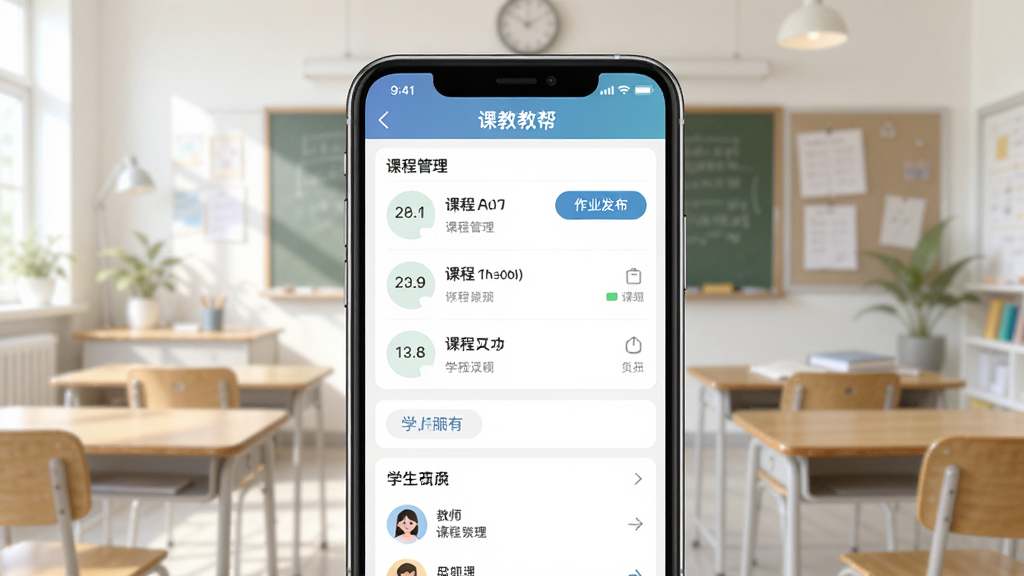 一张展示课教帮教师端手机应用主界面的图片,画面中央是一部智能手机,屏幕上显示课教帮教师端的课程管理页面,页面中有课程列表、作业发布按钮和学生名单,背景是整洁的教室环境,光线明亮柔和,整体风格简洁现代,画质清晰,干净无多余元素