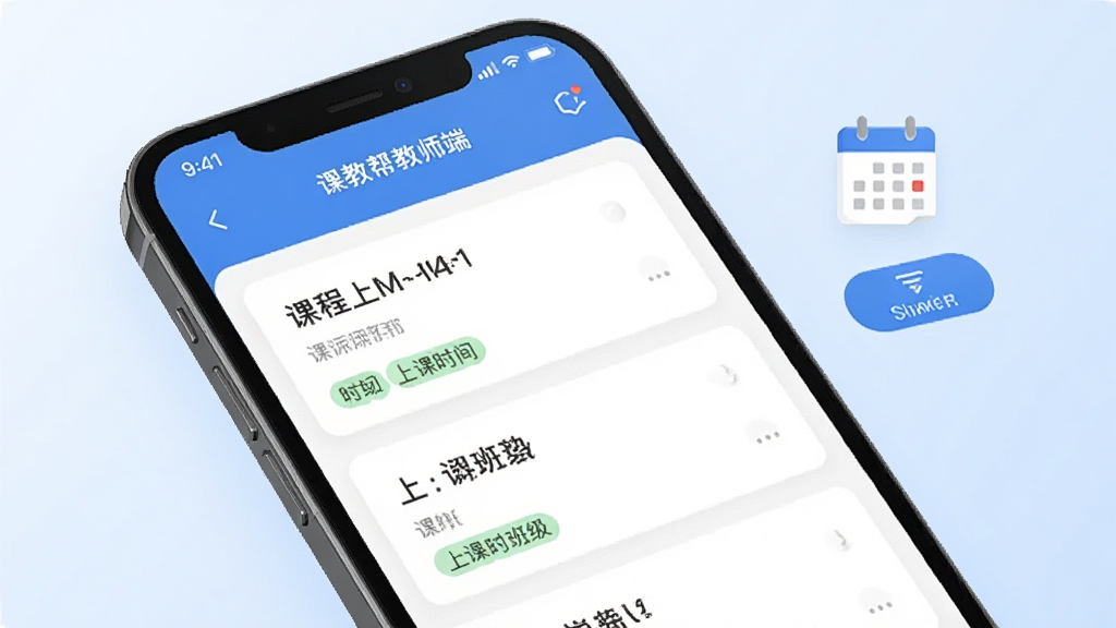 一张展示课教帮教师端课程管理功能的图片,画面中一部手机屏幕显示课程卡片列表,卡片上有课程名称、上课时间和班级标签,旁边有日历图标和筛选按钮,背景是淡蓝色渐变,风格简约商务,画质清晰,干净无多余元素