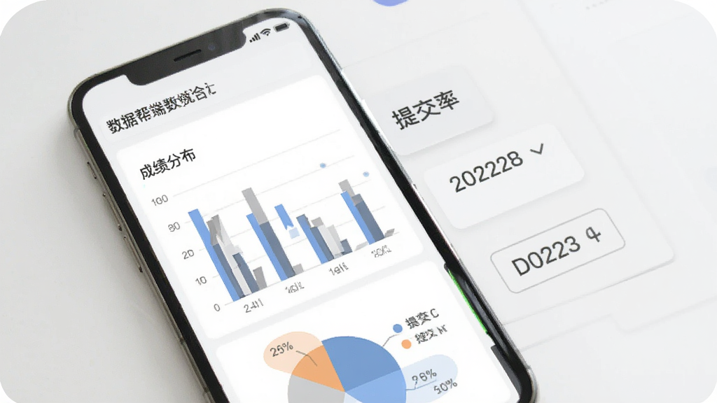 一张展示课教帮教师端数据统计功能的图片,画面中手机屏幕显示柱状图和饼状图,图表上有成绩分布和提交率数据,旁边有数据标签和日期选择器,背景是白色和浅灰色,风格素雅极简,画质清晰,干净无多余元素
