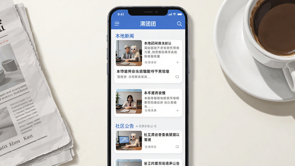 一部手机竖屏展示“渭团团”资讯列表页面,页面中排列着本地新闻卡片与社区公告条目,每条信息配有缩略图与标题;手机置于浅色桌面,旁边散落报纸与咖啡杯;整体风格为清新写实插画,配色以蓝白为主,画面干净整洁,高清画质,无多余元素