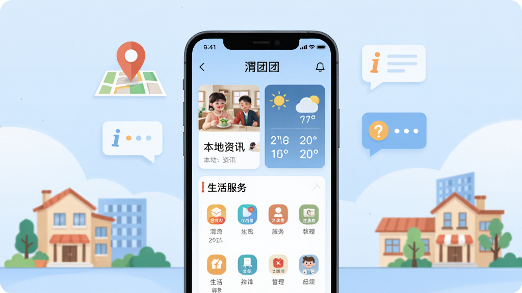 画面中央放置一部智能手机,屏幕显示“渭团团”应用主界面,界面包含本地资讯卡片、天气信息栏与生活服务图标;背景为淡蓝色渐变,周围点缀社区建筑、地图定位图标与信息气泡;整体采用扁平化插画风格,色彩清爽明亮,布局居中对称,细节干净利落,高清画质,无多余元素