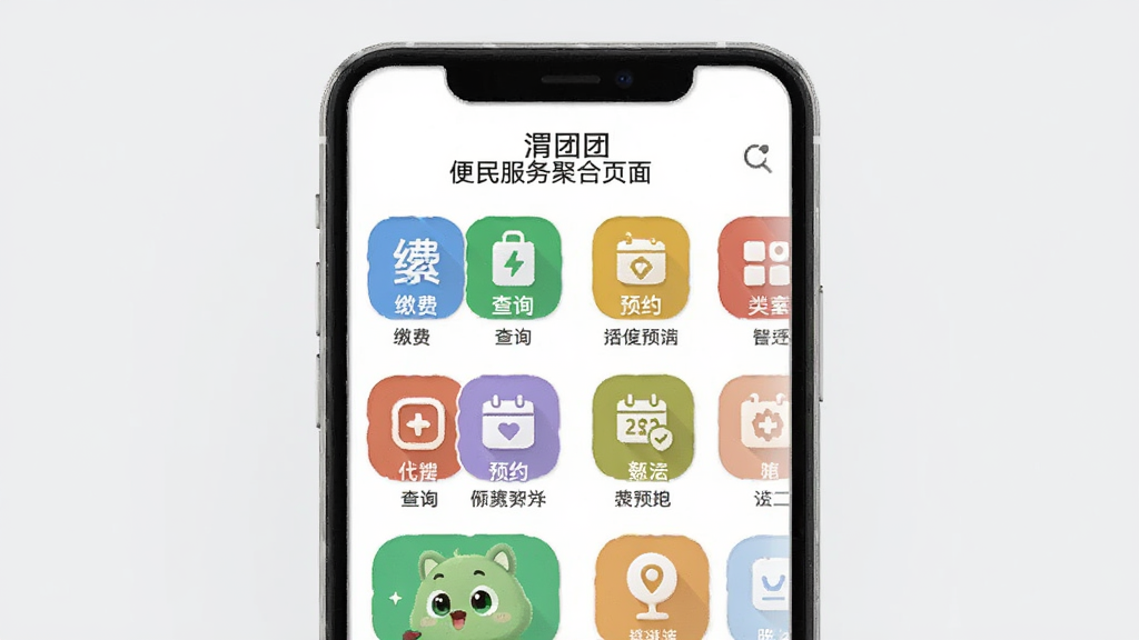 画面中央为“渭团团”便民服务聚合页面,手机屏幕中排列着网格状功能图标,包含缴费、查询、预约等入口;背景为淡灰色简约风格,图标色彩鲜明,排版规整,整体干净利落,高清画质,无多余元素