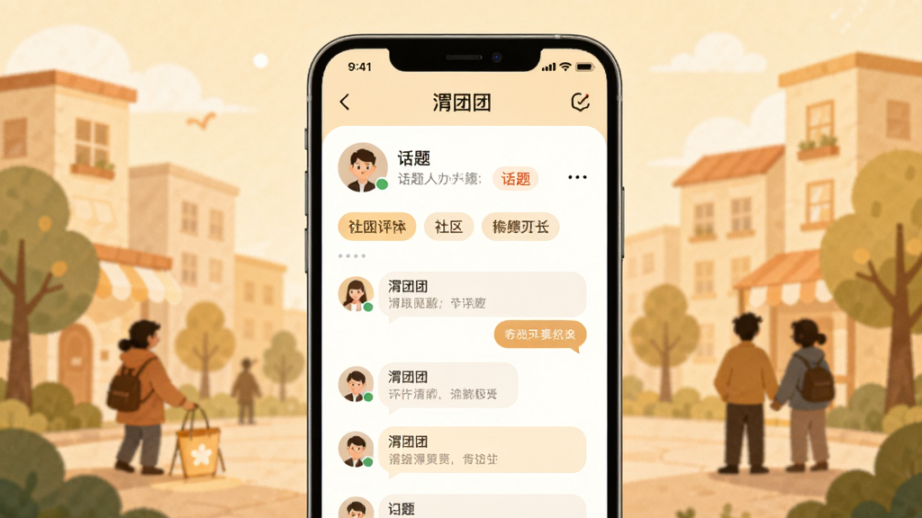 手机屏幕展示“渭团团”社区互动页面,界面中包含用户头像、话题标签与评论气泡,背景为温馨的社区场景插画,有楼房、树木与人物剪影;整体风格柔和亲切,配色温暖,布局清晰,高清画质,无多余元素