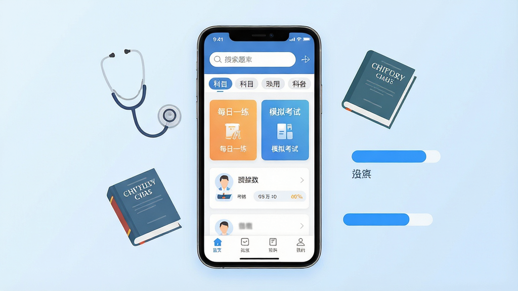 一张展示执业医师华云题库手机应用界面的场景图,画面中央是一部竖屏智能手机,屏幕显示题库首页,顶部有搜索框和科目分类标签,中部为每日一练和模拟考试入口卡片,底部导航栏清晰可见,手机周围漂浮着听诊器、医学书籍、蓝色刷题进度条等元素,背景为干净浅蓝色渐变,整体布局居中对称,风格现代简约扁平化,细节丰富,画质清晰,干净,无多余元素