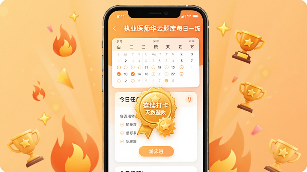 一张展示执业医师华云题库每日一练打卡界面的图片,手机屏幕显示日历打卡记录和今日任务卡片,连续打卡天数用金色徽章突出,背景为温暖橙色渐变,周围有火焰与奖杯图标,风格活泼激励,画质清晰,干净,无多余元素