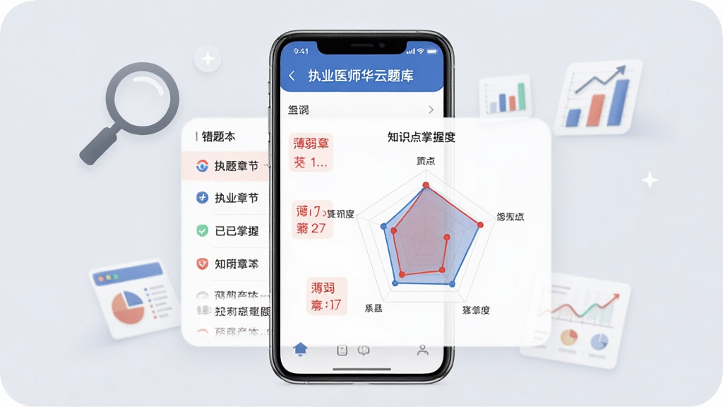 一张展示执业医师华云题库错题分析页面的手机界面图,屏幕中央显示错题本列表和知识点掌握度雷达图,红色标注薄弱章节,蓝色标注已掌握章节,周围有放大镜和图表装饰元素,背景为柔和浅灰色,风格商务简洁,画质清晰,干净,无多余元素