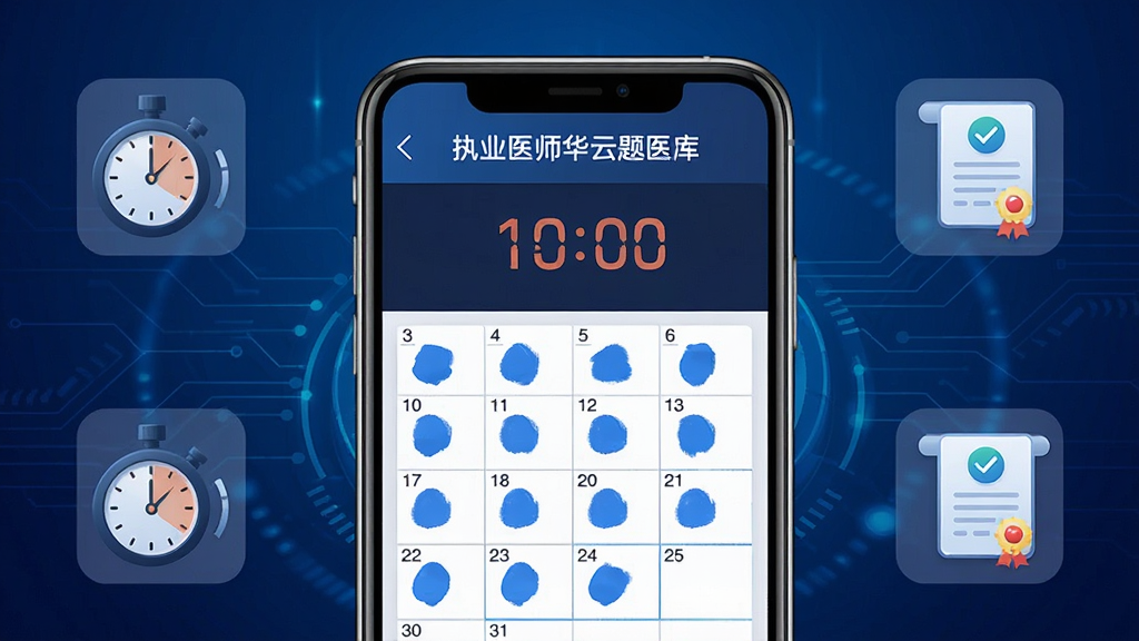 一张展示执业医师华云题库模拟考试界面的图片,手机屏幕显示倒计时时钟和答题卡网格,部分题号已填涂为蓝色,顶部有考试科目名称,背景为深蓝色科技感渐变,周围有计时器与成绩单图标,风格专业严谨,画质清晰,干净,无多余元素